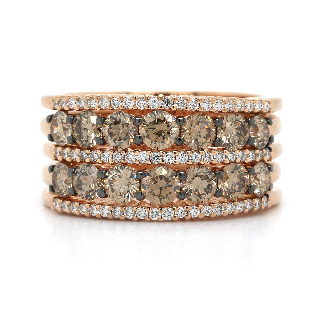 18K Rose Gold Double Row White and Brown Diamond Ring