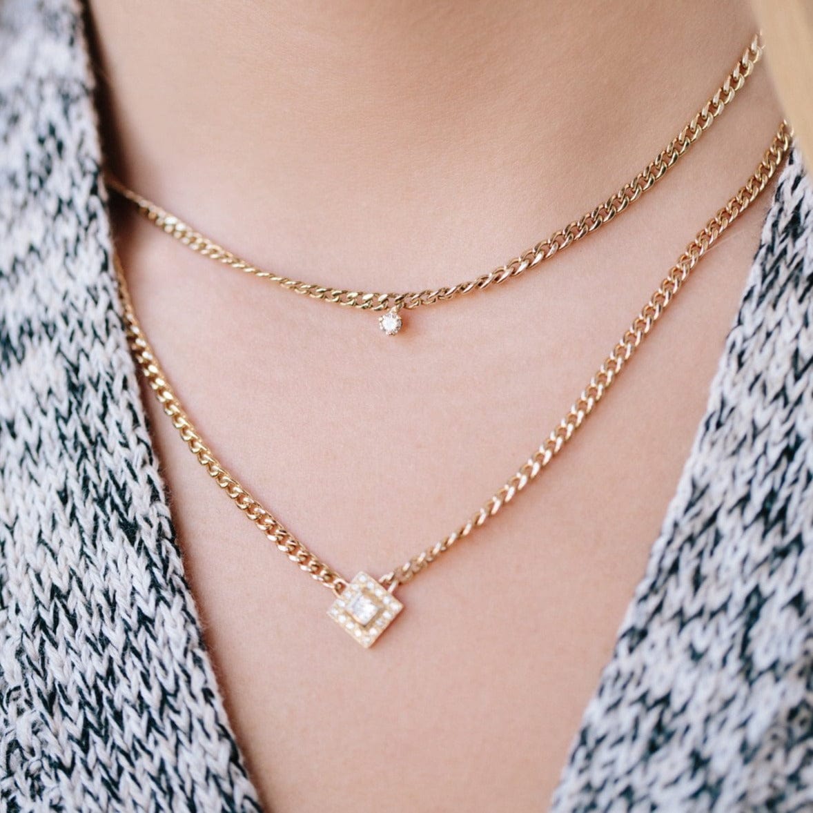 14K Yellow Gold Small Curb Chain Diamond Necklace