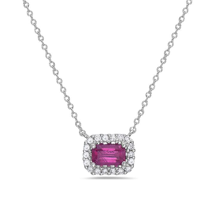14K White Gold Ruby Diamond Halo Necklace