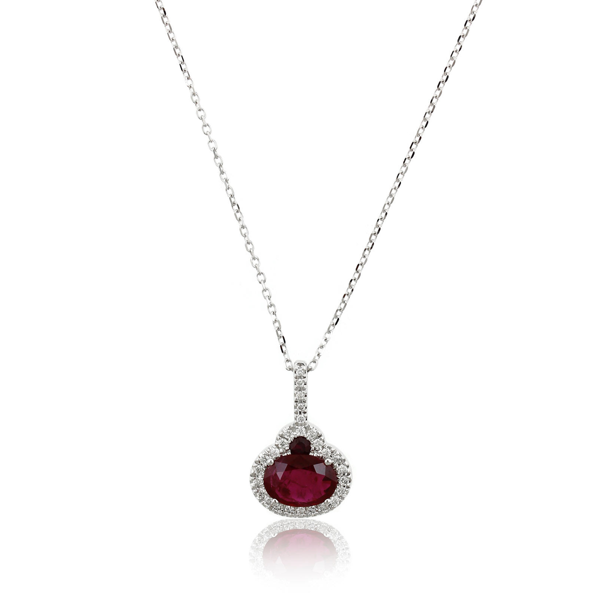 14K White Gold Ruby Diamond Halo Necklace