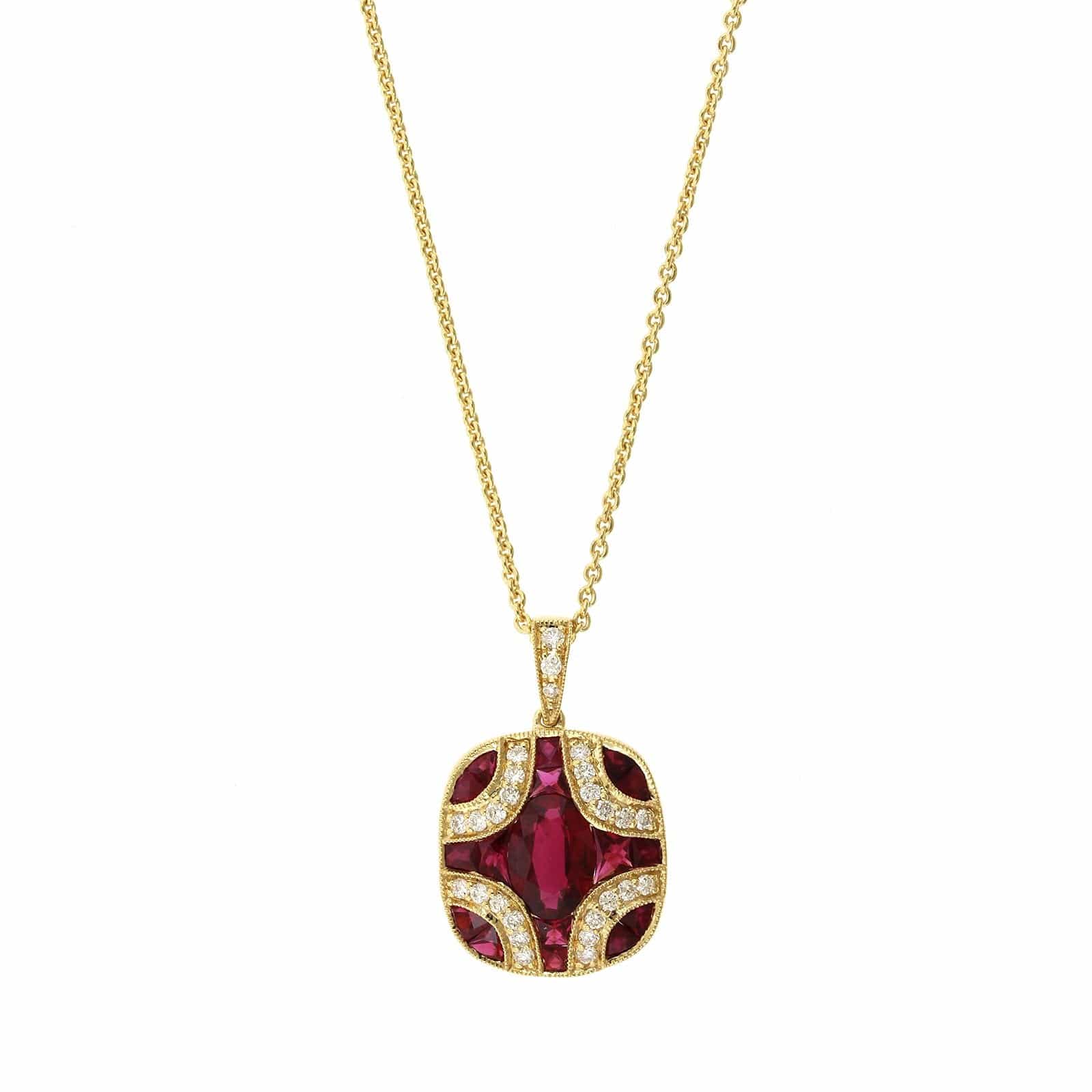 18K Yellow Gold Ruby and Diamond Cluster Pendant