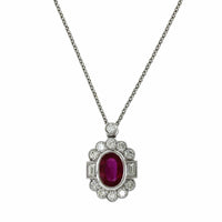 18K White Gold Oval Ruby Diamond Halo Milgrain Necklace, 18k white gold, Long's Jewelers