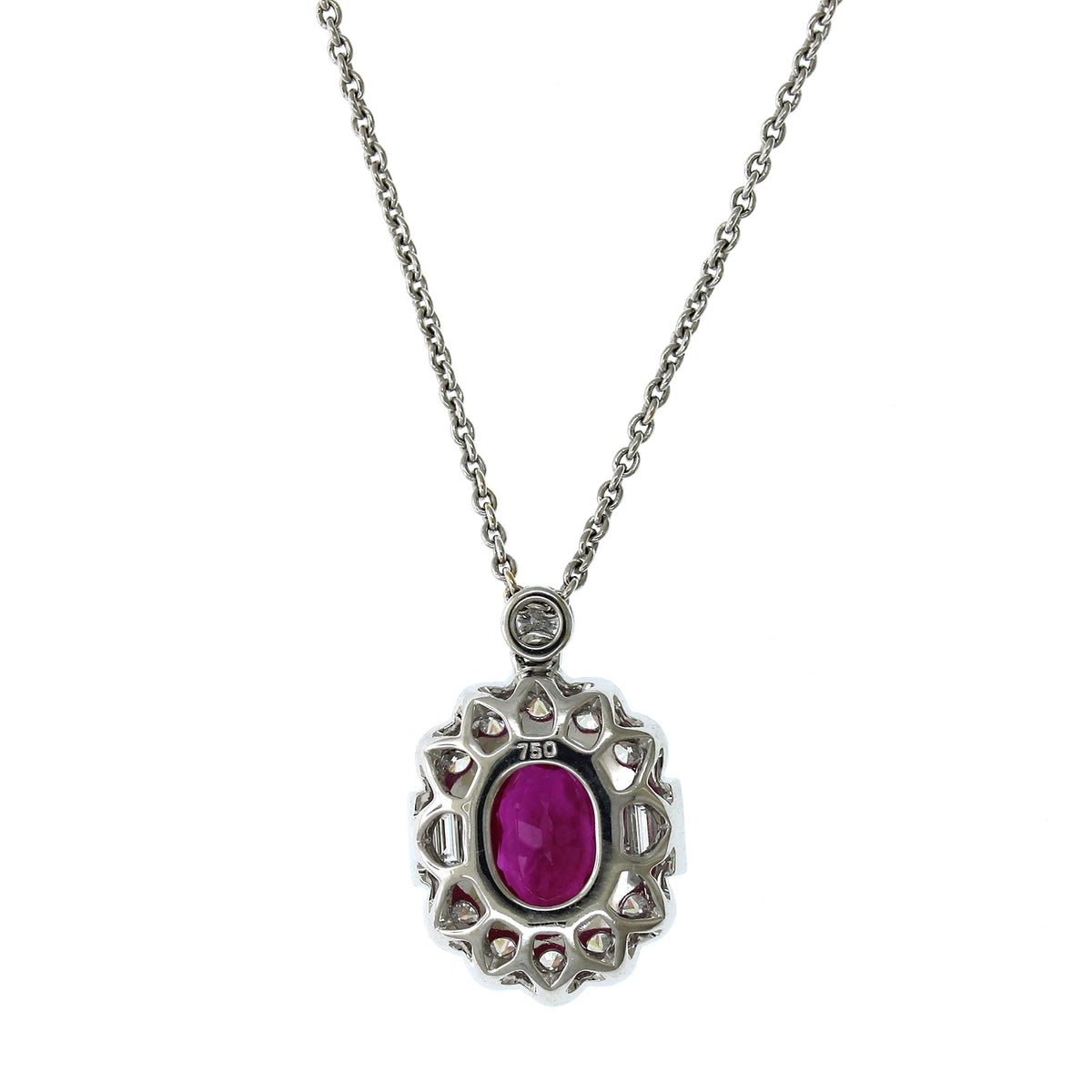 18K White Gold Oval Ruby Diamond Halo Milgrain Necklace, 18k white gold, Long's Jewelers