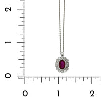 18K White Gold Oval Ruby Diamond Halo Milgrain Necklace, 18k white gold, Long's Jewelers