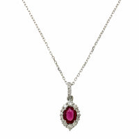 14K White Gold Oval Cut Ruby Diamond Halo Pendant