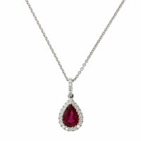 18K White Gold Pear Shape Ruby Diamond Halo Pendant