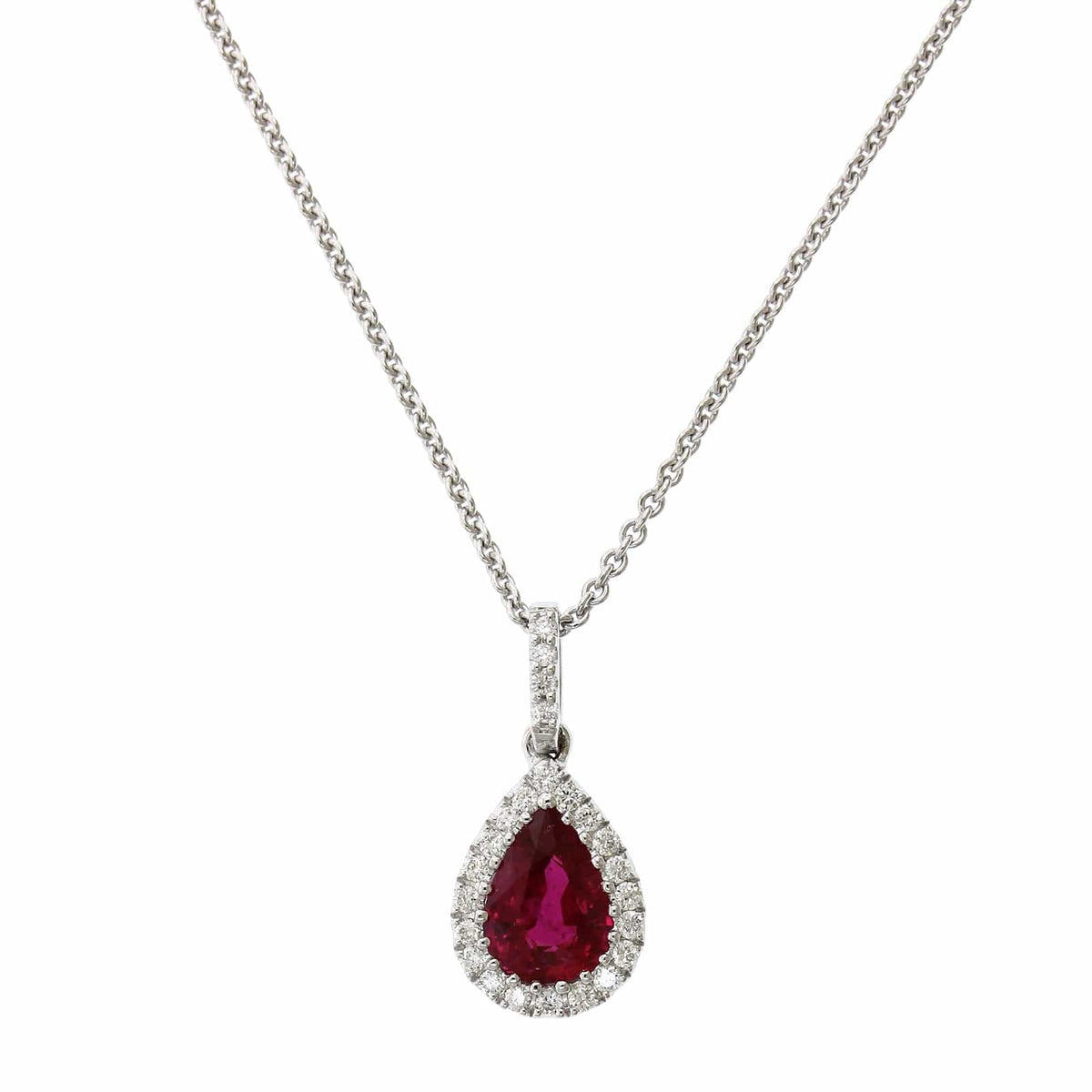 18K White Gold Pear Shape Ruby Diamond Halo Pendant
