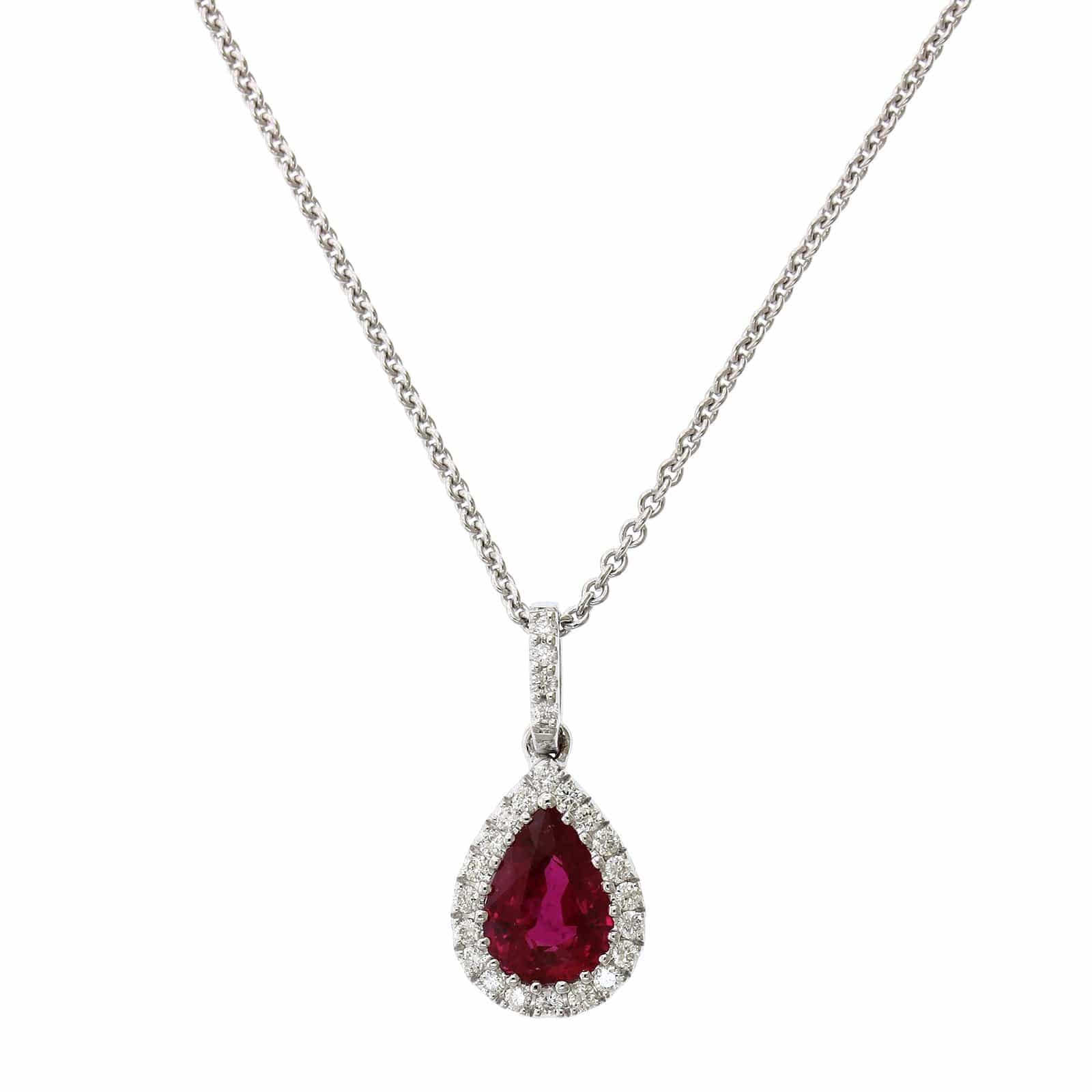 18K White Gold Pear Shape Ruby Diamond Halo Pendant