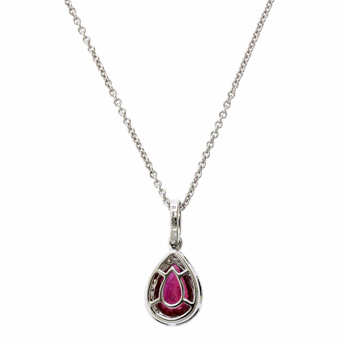 18K White Gold Pear Shape Ruby Diamond Halo Pendant