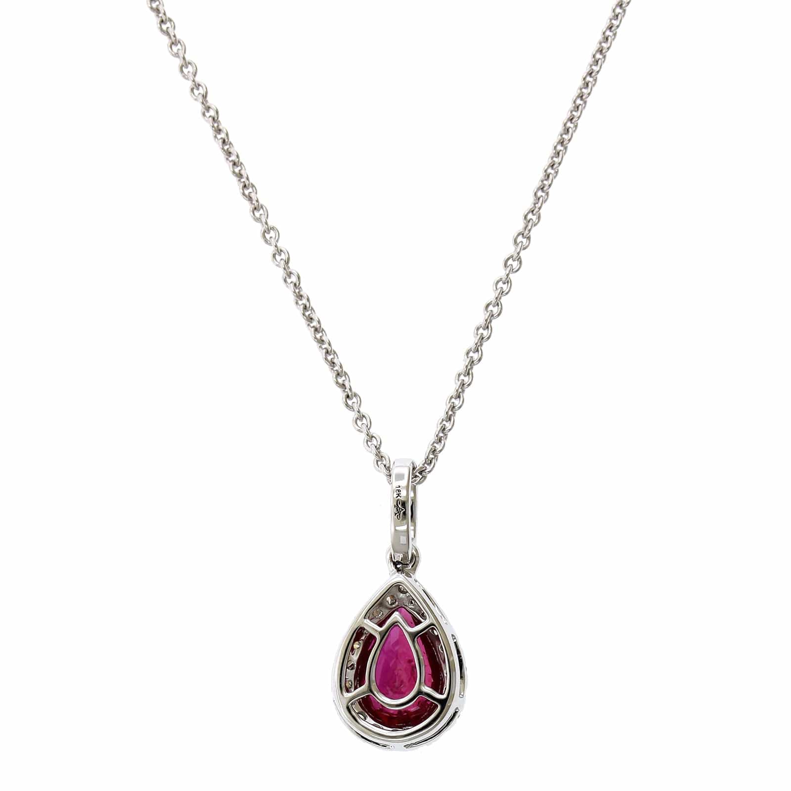 18K White Gold Pear Shape Ruby Diamond Halo Pendant