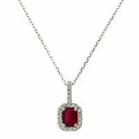14K White Gold Emerald Cut Ruby Diamond Halo Pendant