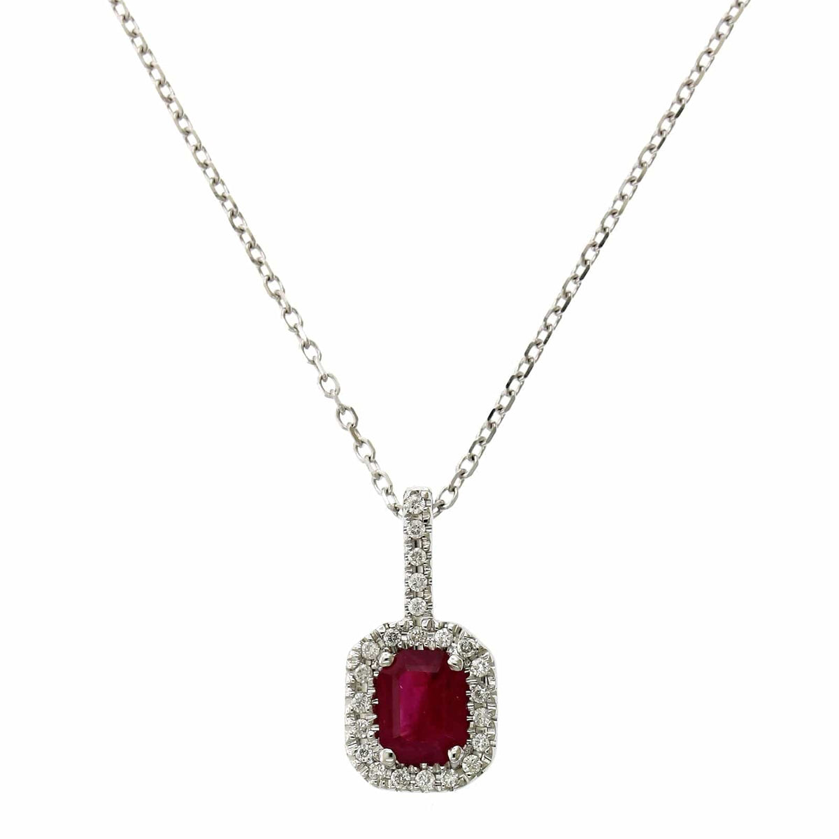 14K White Gold Emerald Cut Ruby Diamond Halo Pendant