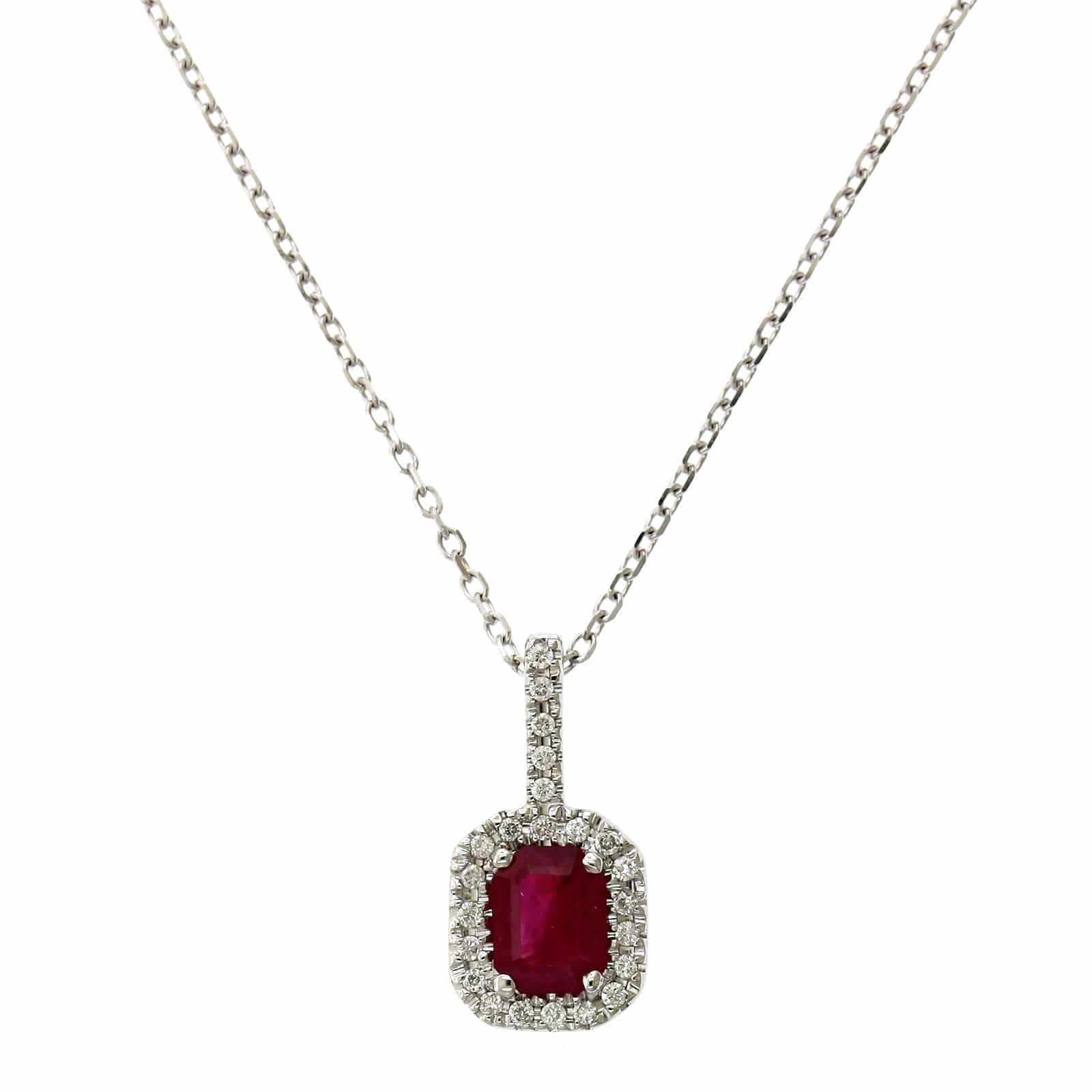 14K White Gold Emerald Cut Ruby Diamond Halo Pendant