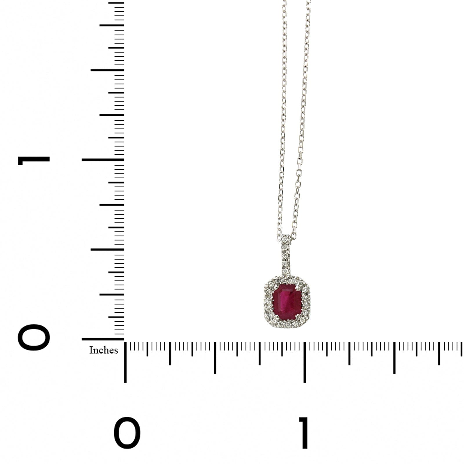 14K White Gold Emerald Cut Ruby Diamond Halo Pendant