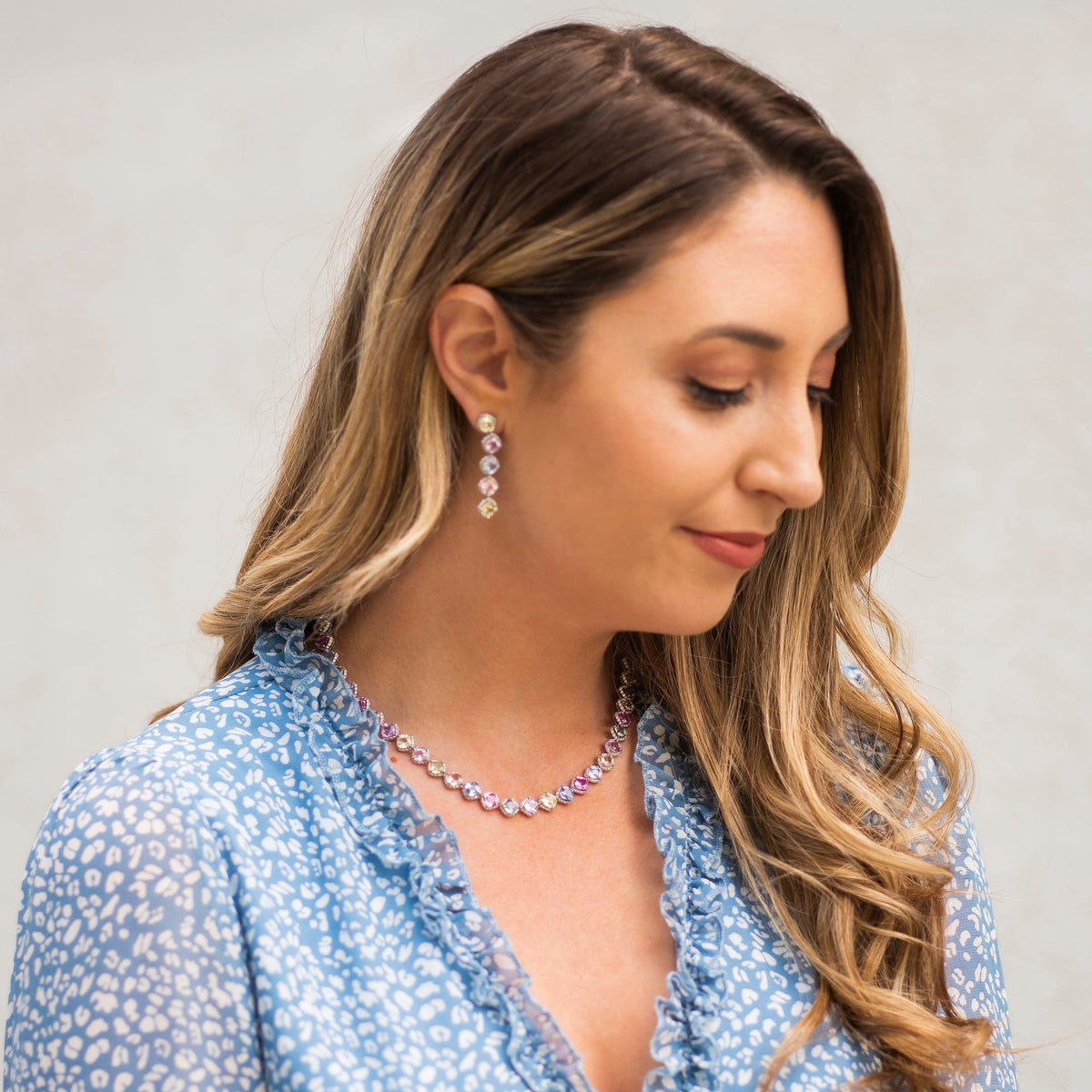 18K White Gold Diamond and Multi Colored Sapphire Necklace and Drop Earrings Set