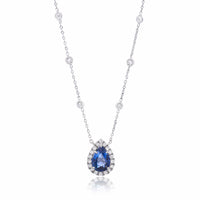 18K White Gold Precious Stone Sapphire Diamond Halo Pendant