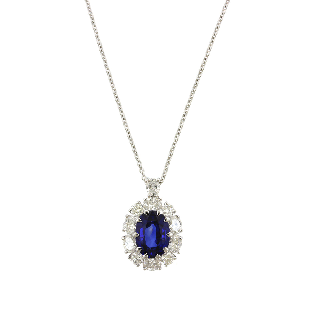 18K White Gold Oval Sapphire and Diamond Halo Necklace