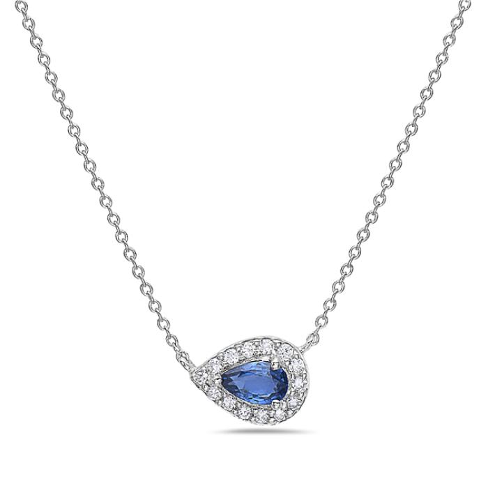 14K White Gold Sapphire Diamond Halo Necklace