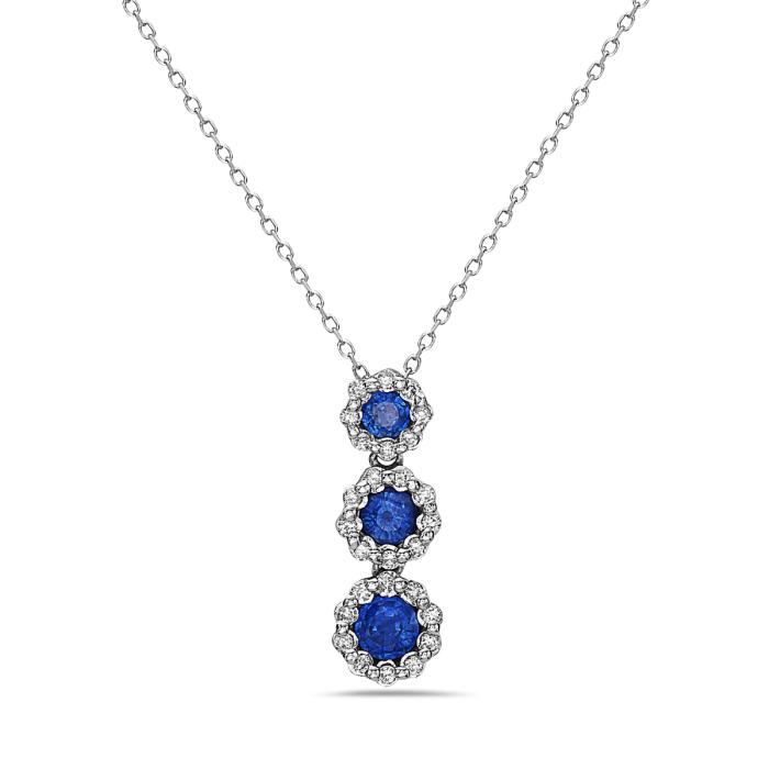 14K White Gold Sapphire Drop Diamond Halo Necklace