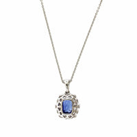 18K White Gold Cushion Sapphire Diamond Halo Pendant Necklace