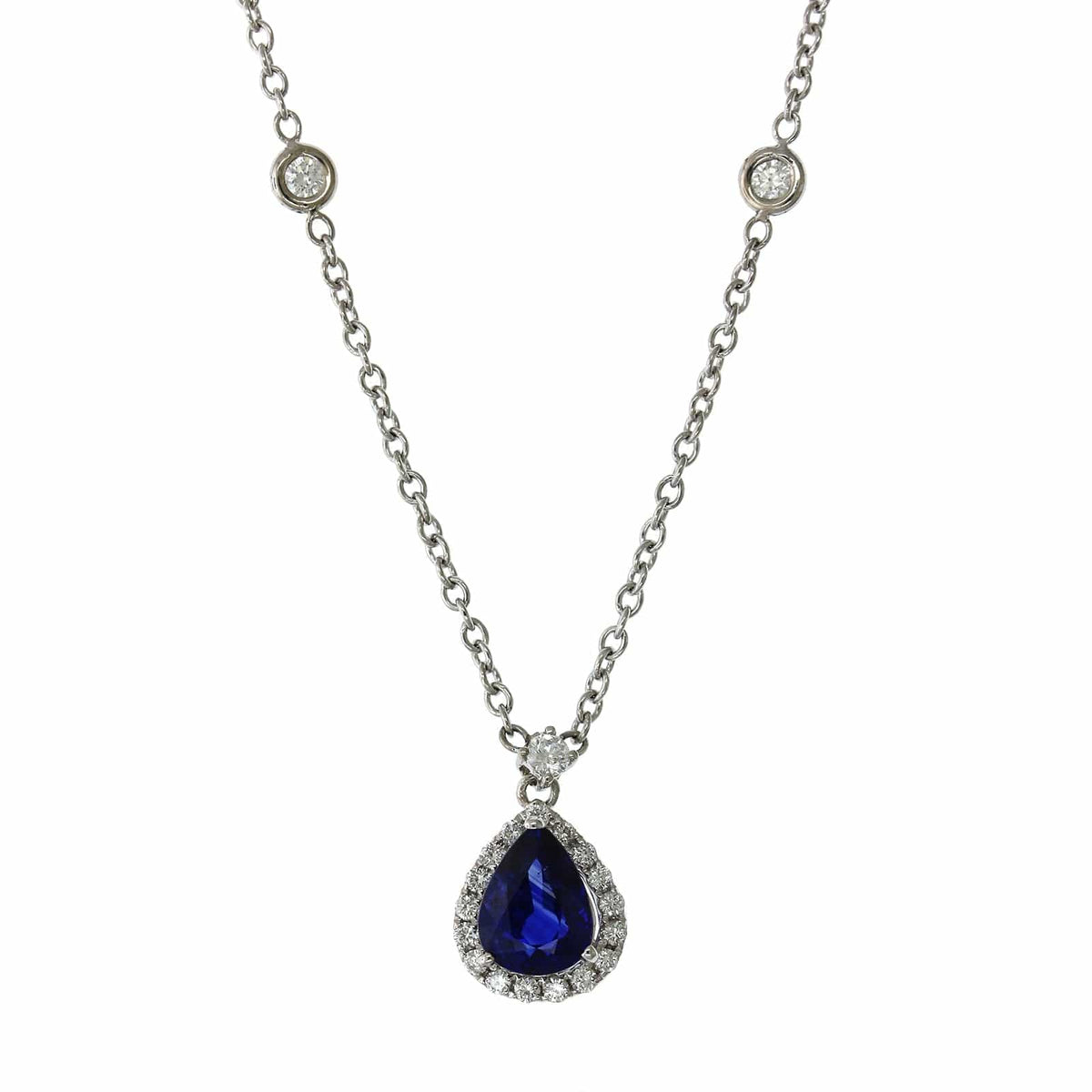 18K White Gold Sapphire Diamond Halo Necklace, 18k white gold, Long's Jewelers
