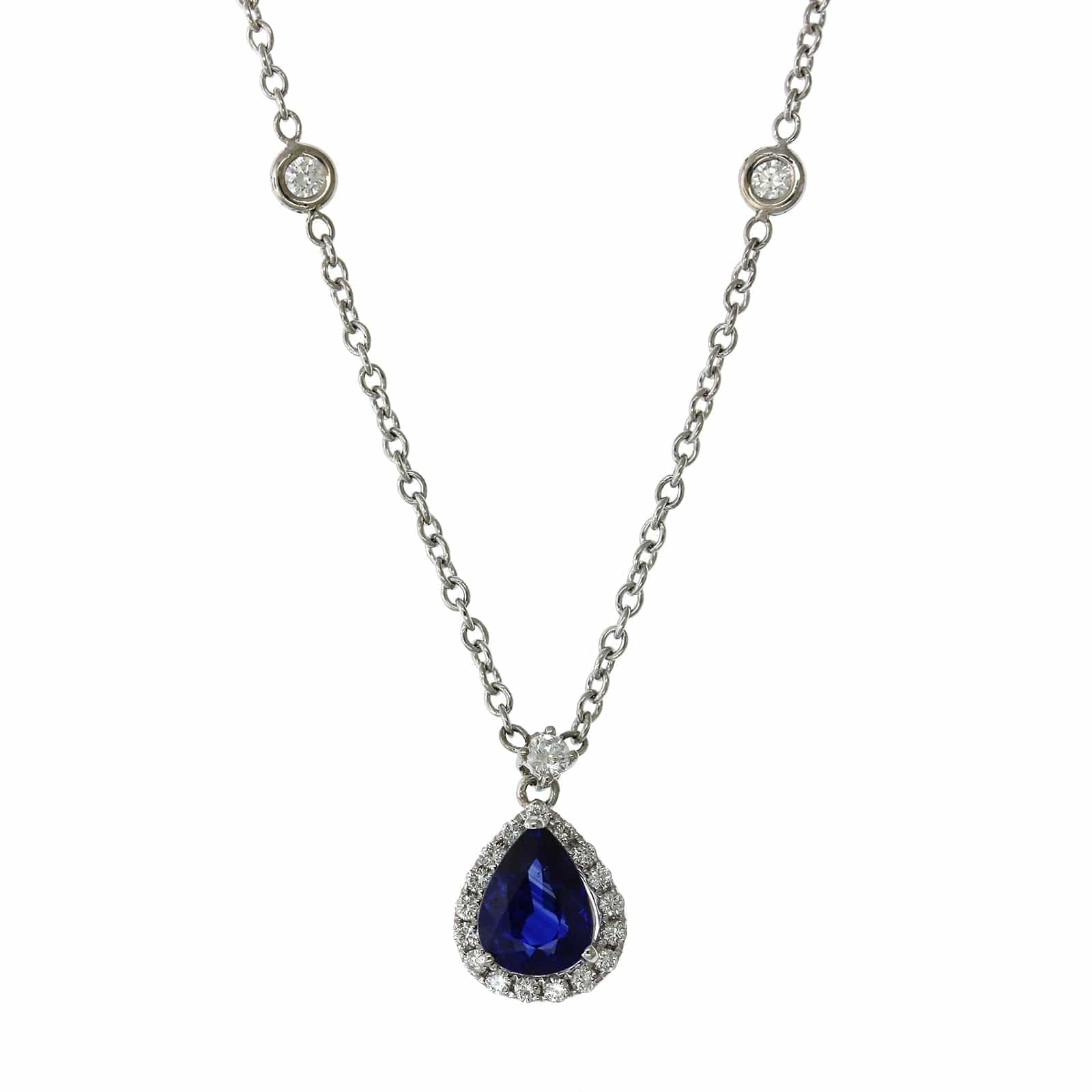 18K White Gold Sapphire Diamond Halo Necklace, 18k white gold, Long's Jewelers