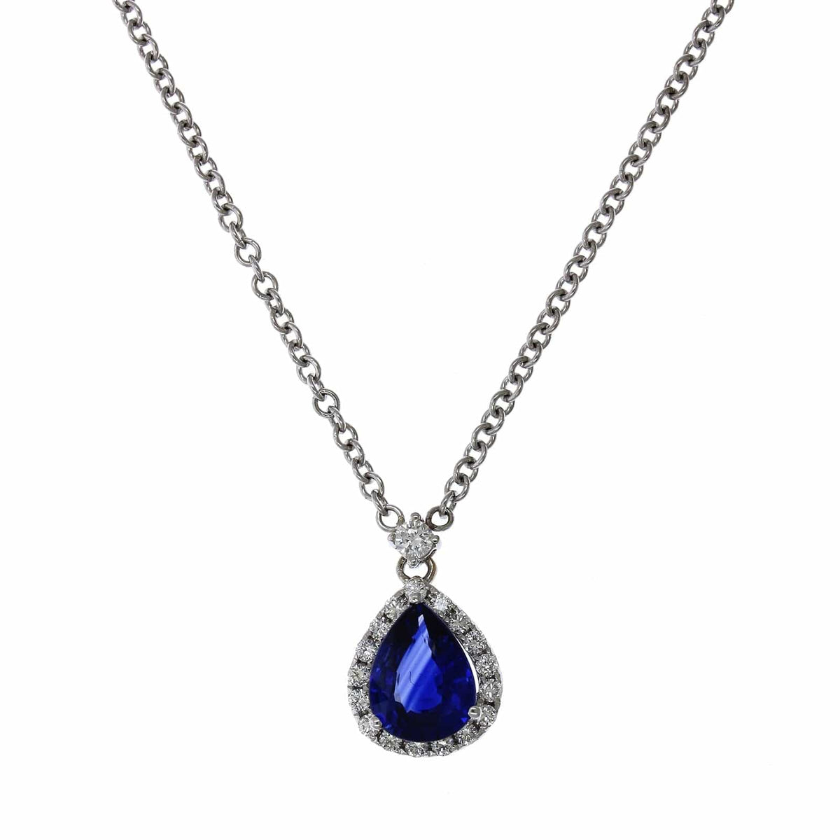 18K White Gold Sapphire Diamond Halo Necklace, 18k white gold, Long's Jewelers