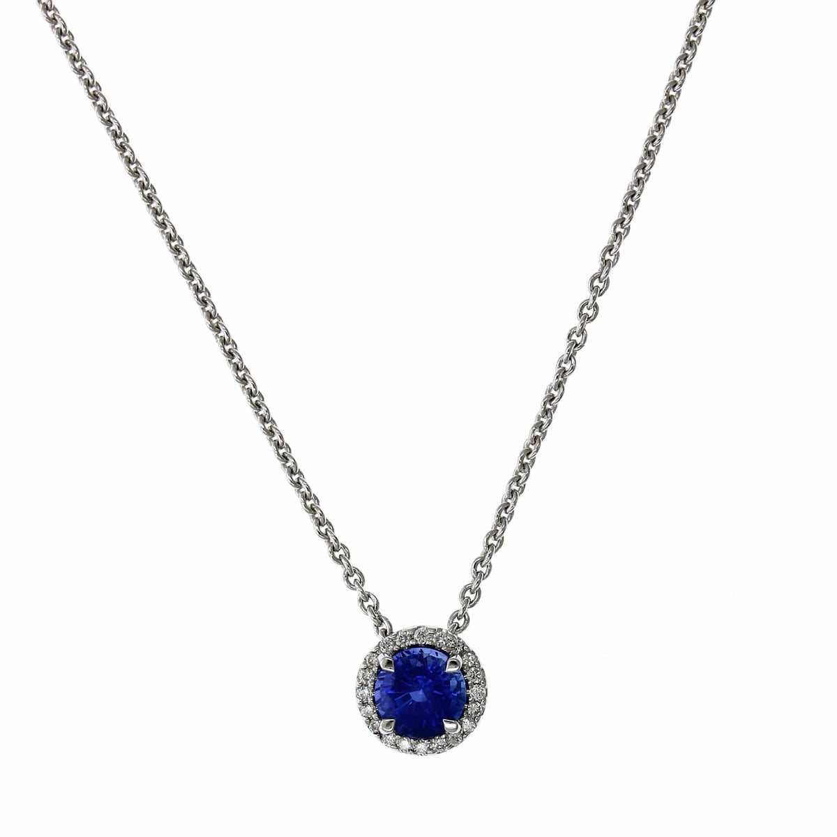 18K White Gold Sapphire Diamond Halo Necklace, 18k white gold, Long's Jewelers