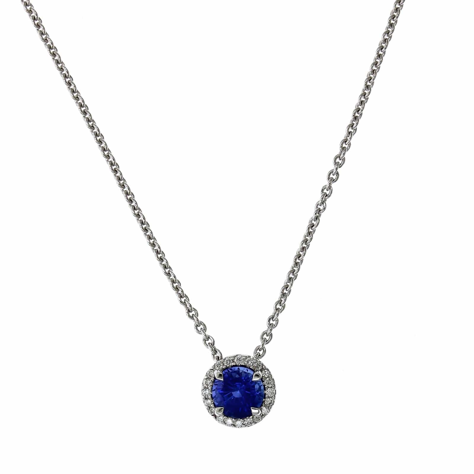 18K White Gold Sapphire Diamond Halo Necklace, 18k white gold, Long's Jewelers