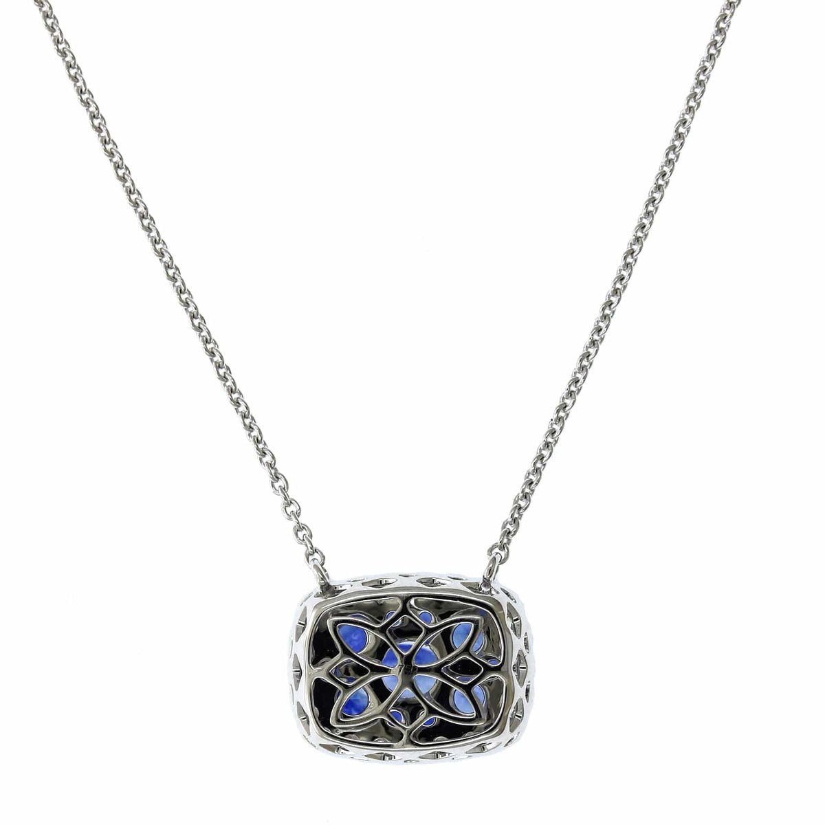 Platinum Sapphire Cluster Diamond Halo Necklace, Platinum, Long's Jewelers
