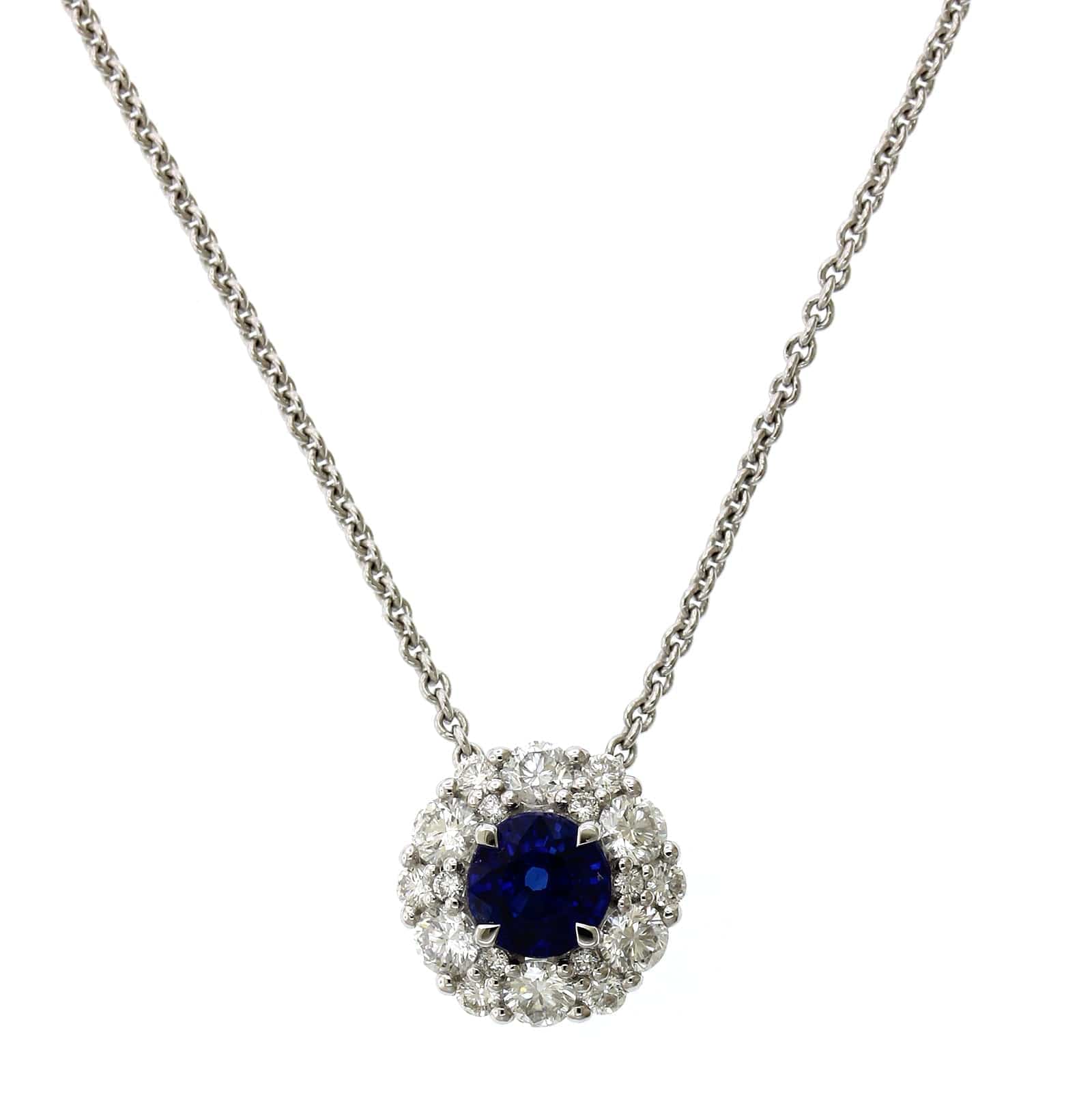 18K White Gold Sapphire Diamond Halo Pendant, 18k white gold, Long's Jewelers