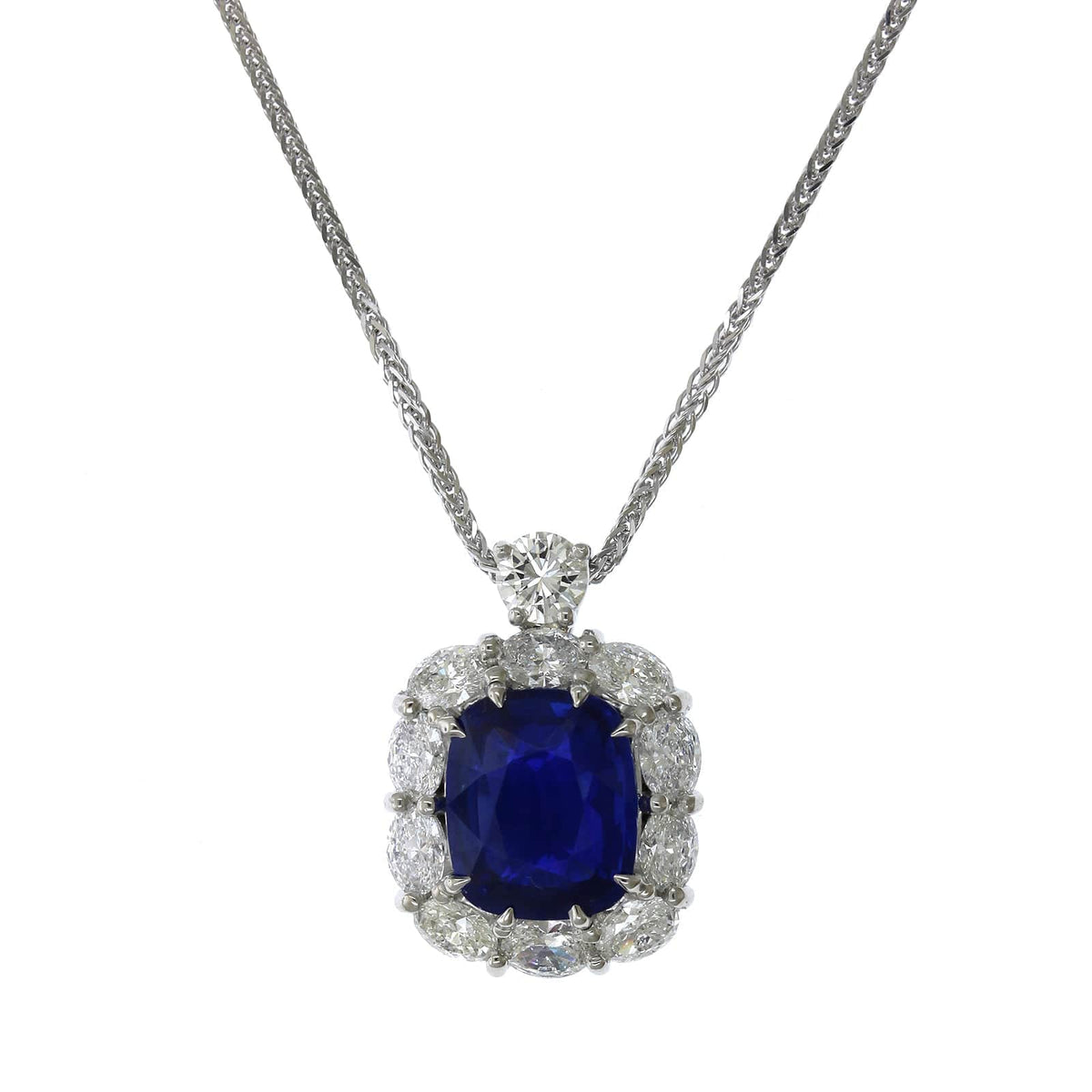 Platinum Cushion Sapphire Diamond Halo Necklace