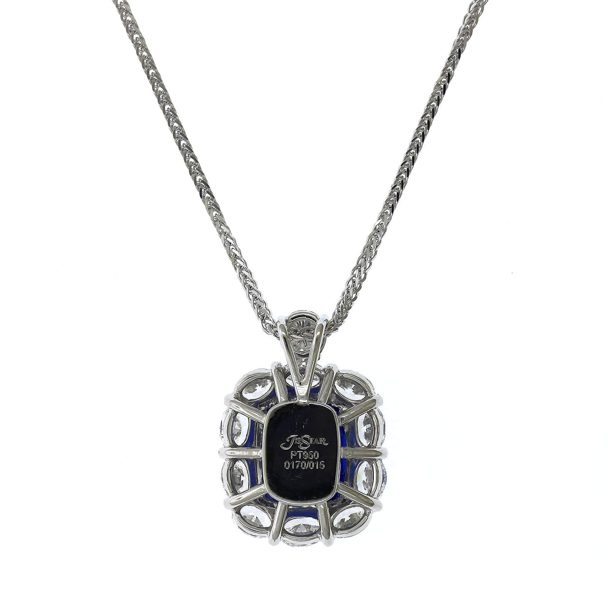 Platinum Cushion Sapphire Diamond Halo Necklace