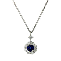 18K White Gold Sapphire Diamond Halo Pendant, 18k white gold, Long's Jewelers