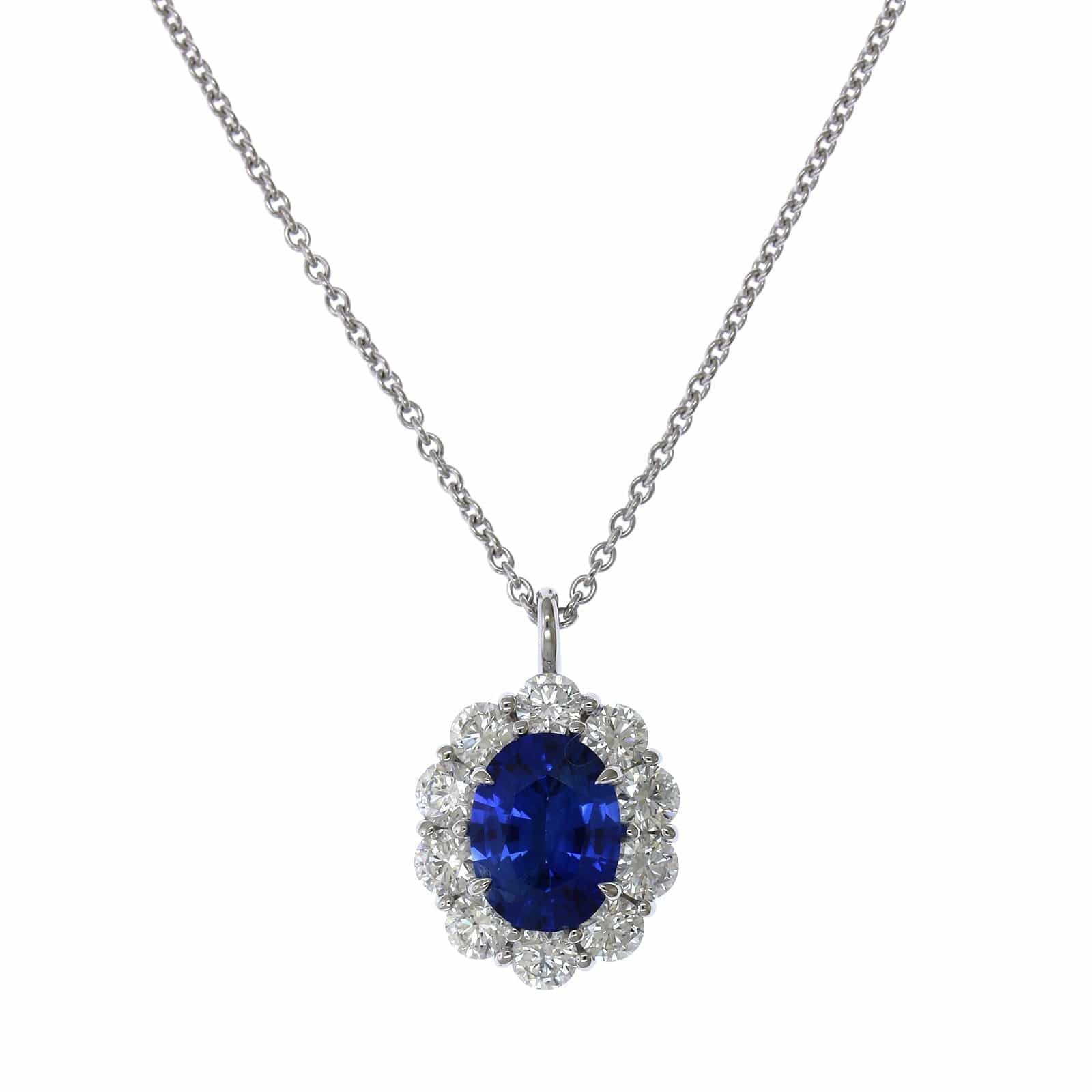 18K White Gold Oval Sapphire Diamond Halo Pendant, 18k white gold, Long's Jewelers