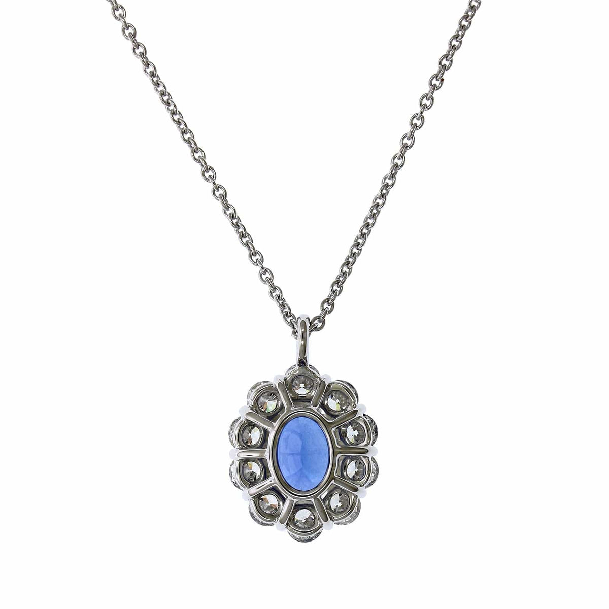 18K White Gold Oval Sapphire Diamond Halo Pendant