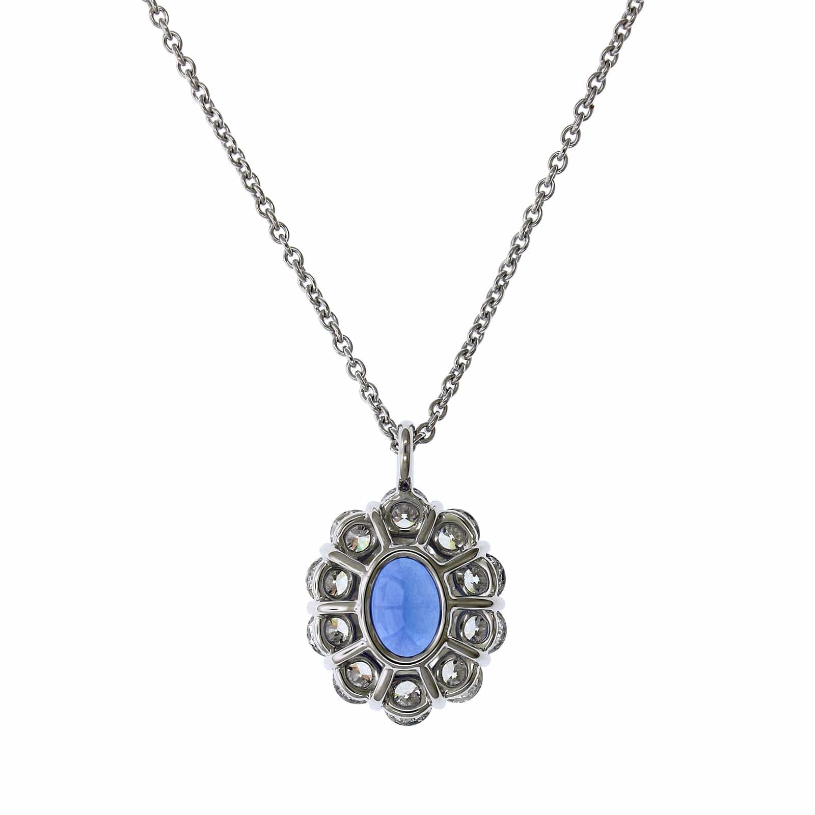 18K White Gold Oval Sapphire Diamond Halo Pendant