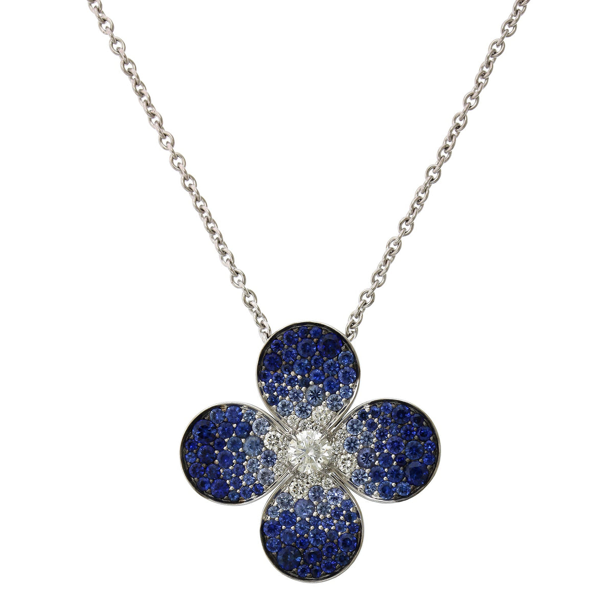 18K White Gold Flower Sapphire Diamond Pendant, 18k white gold, Long's Jewelers