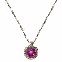 Platinum Pink Sapphire Diamond Halo Pendant, Platinum and 18k yellow gold Long's Jewelry
