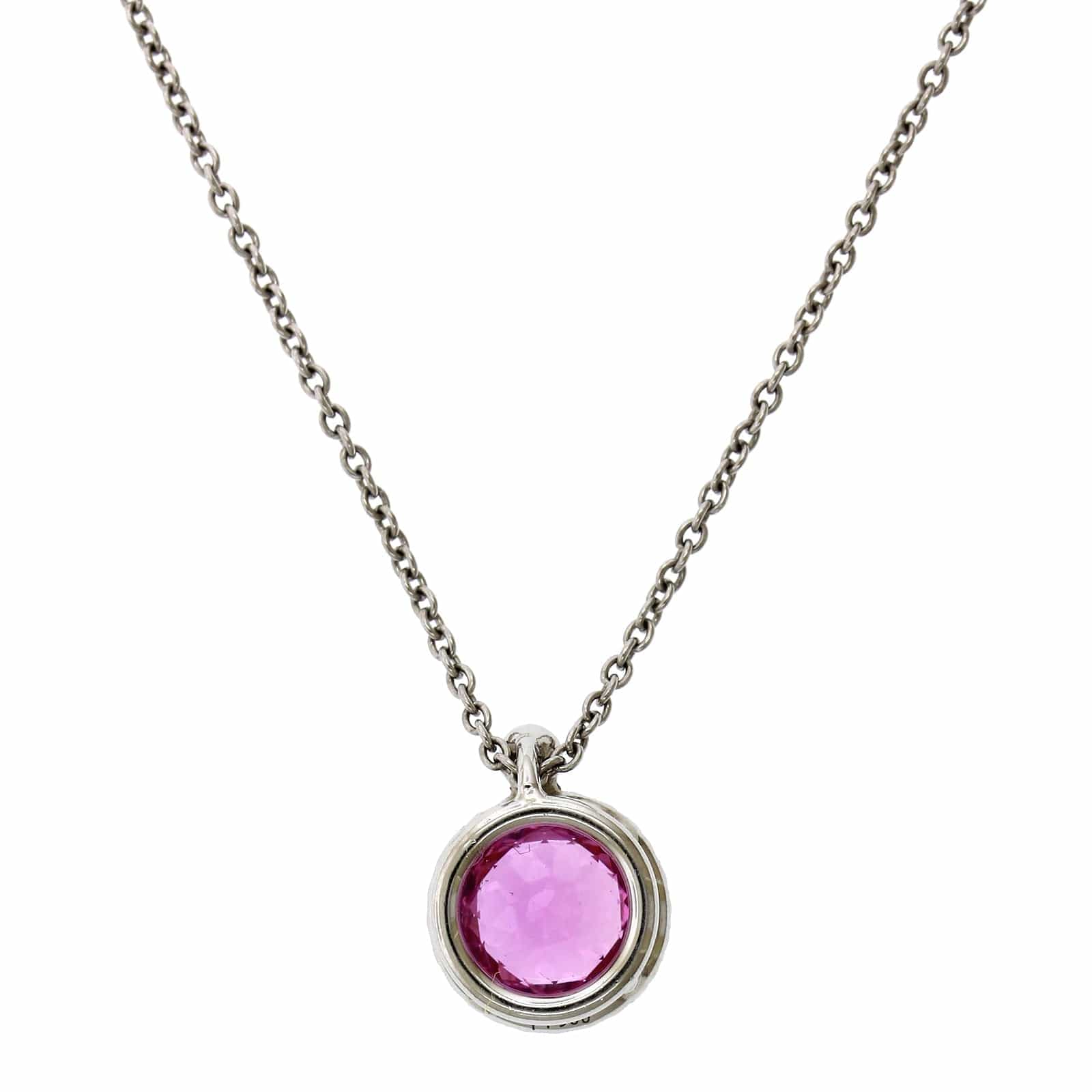 Platinum Pink Sapphire Diamond Halo Pendant, Platinum and 18k yellow gold Long's Jewelry
