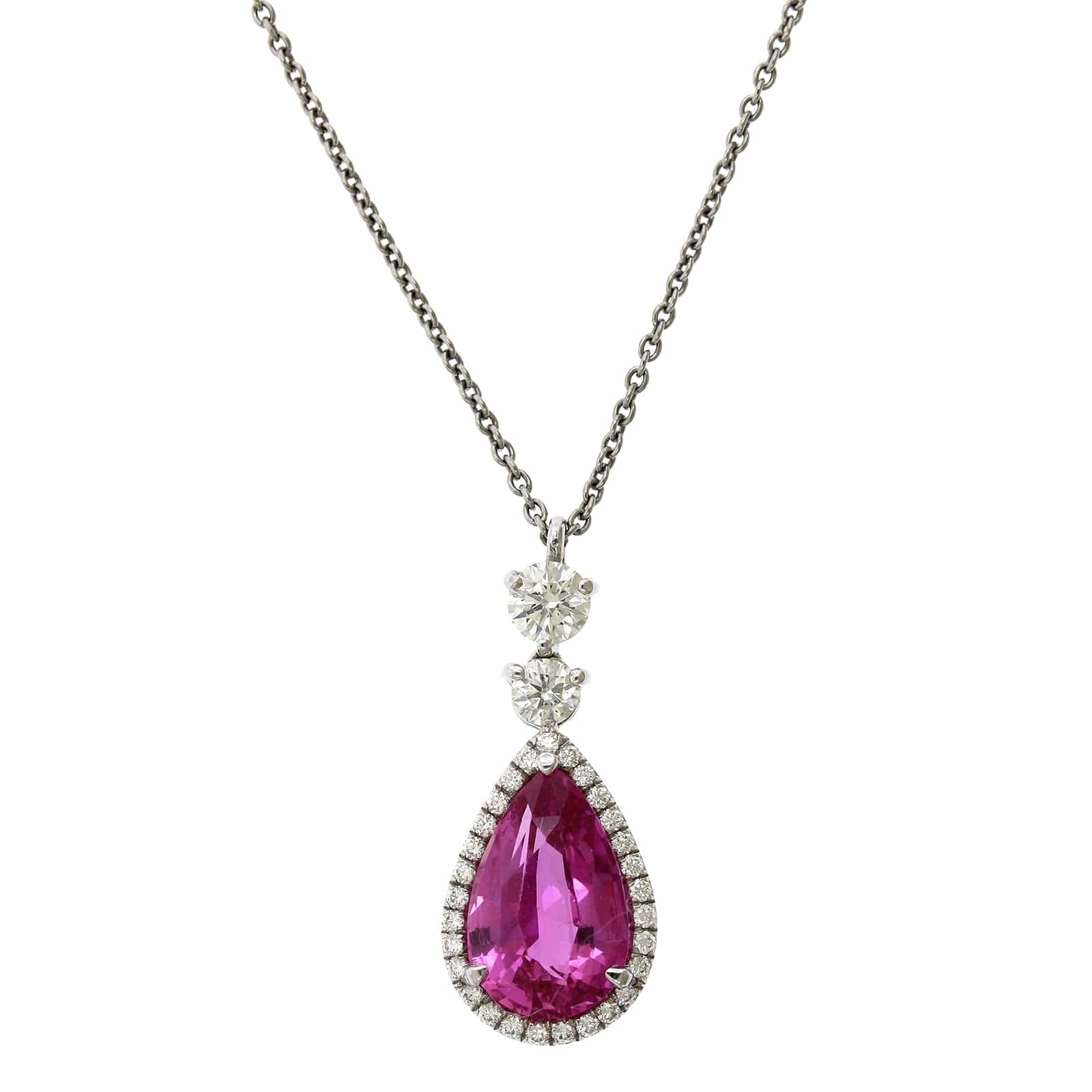 Platinum Pear Shape Pink  Sapphire Diamond Halo Pendant, Platinum, Long's Jewelers