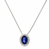 18K White Gold Oval Sapphire Diamond Halo Pendant