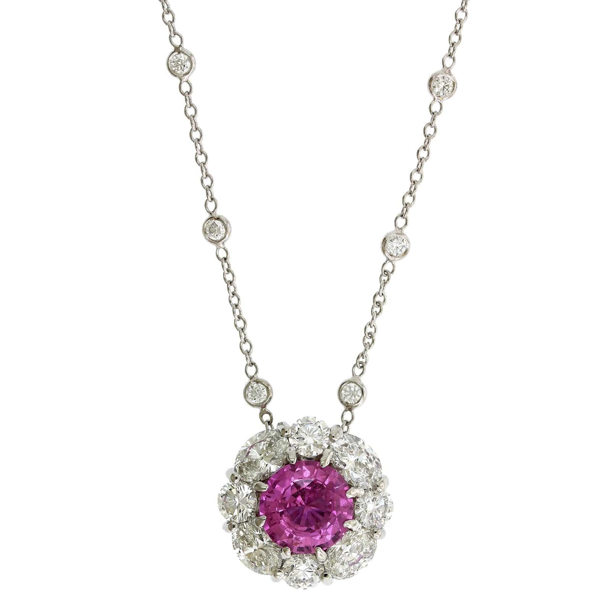 Platinum Pink Sapphire Diamond Halo Necklace