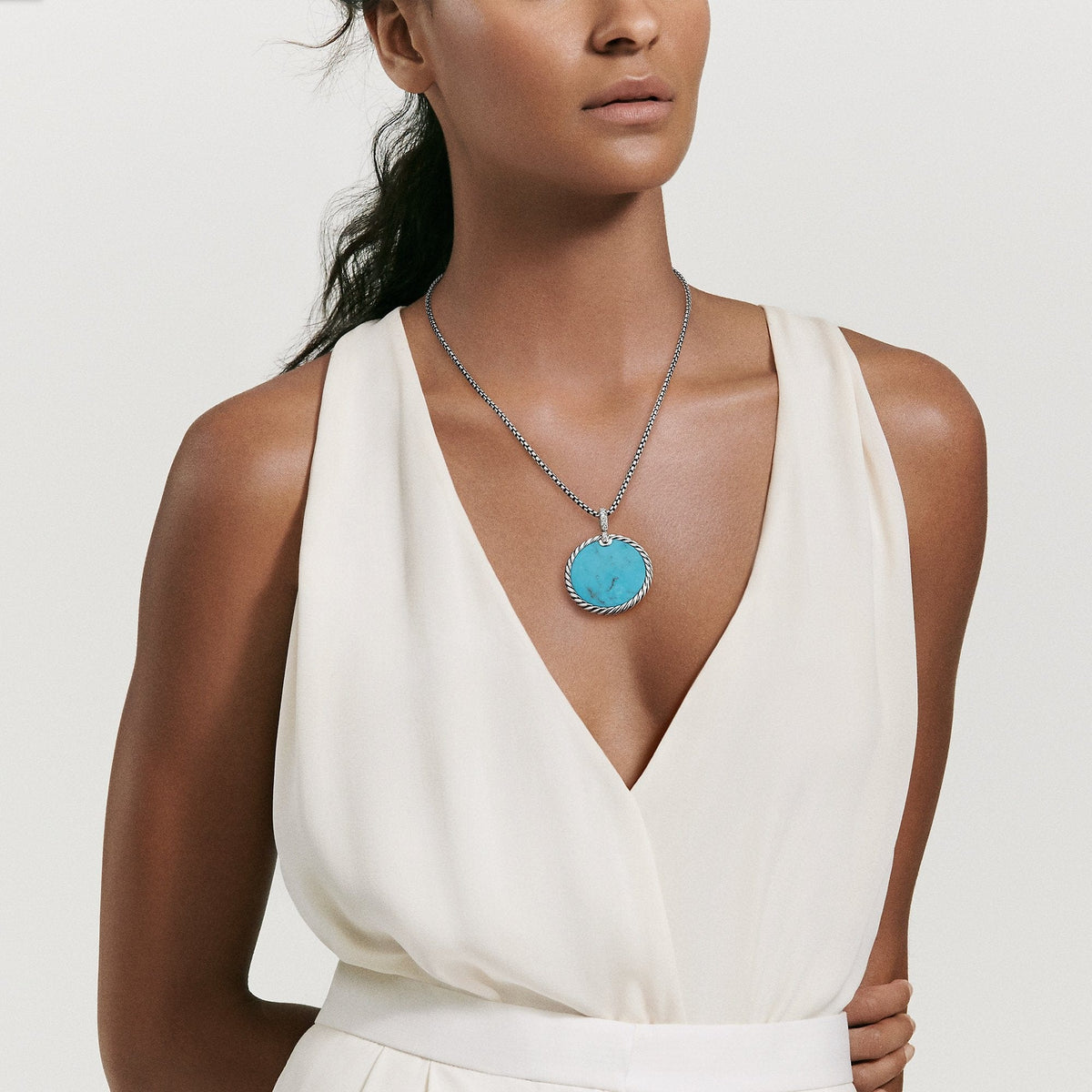 DY Elements® Reversible Disc Pendant with Turquoise and Mother of Pearl and Pavé Diamonds, Sterling Silver, Long's Jewelers