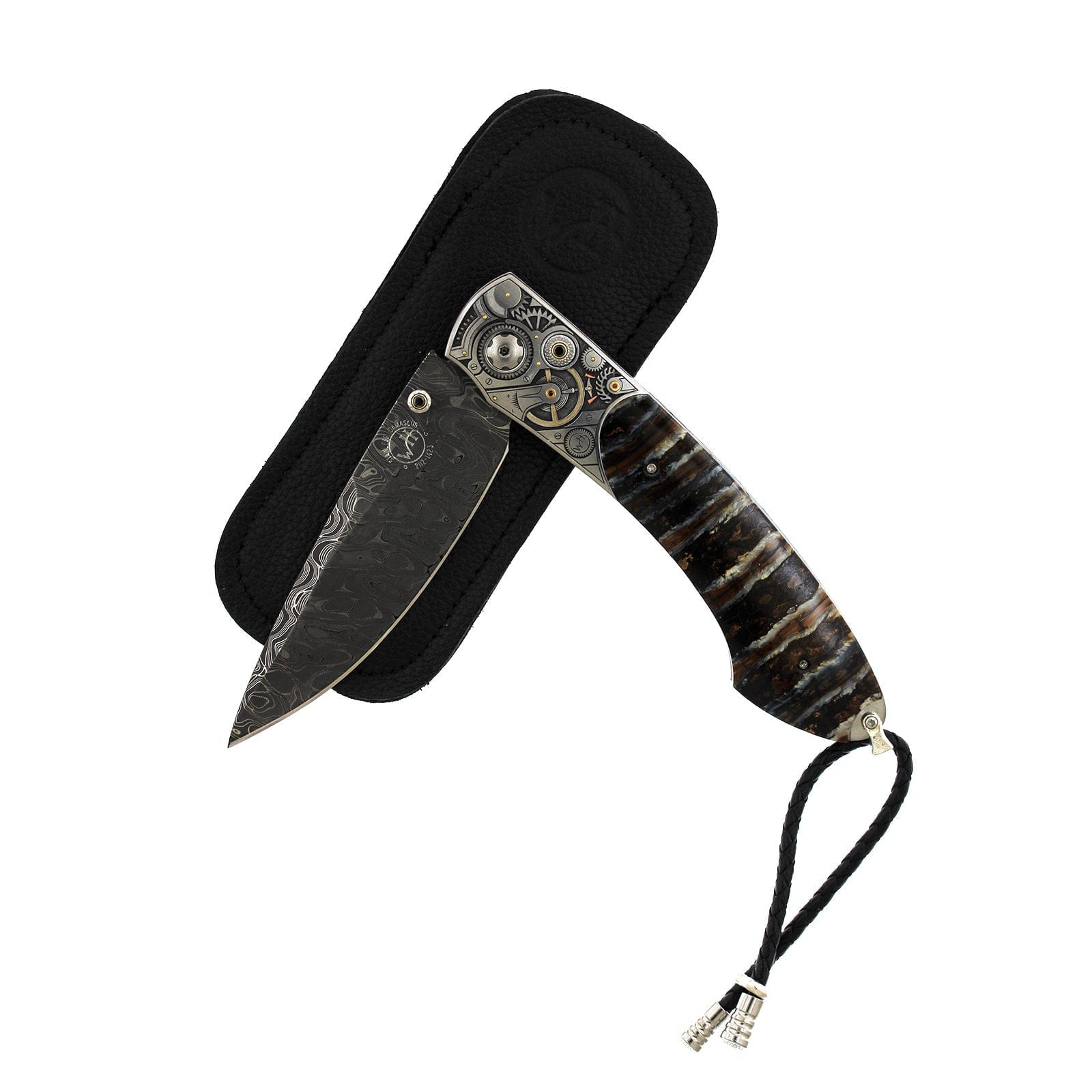 Damascus Steel 24K Gold Frame Spinel Knife, Sold with leather carrying case, Long's Jewelers