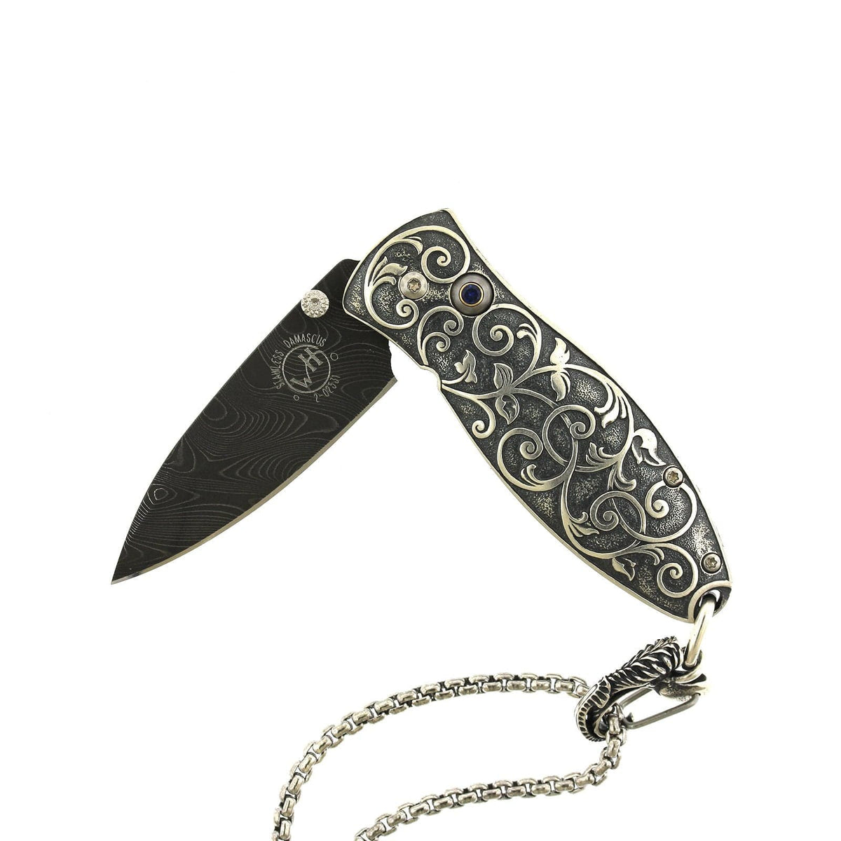 Damascus Steel Sterling Silver Vine Design Sapphire Knife, Steel, Long's Jewelers