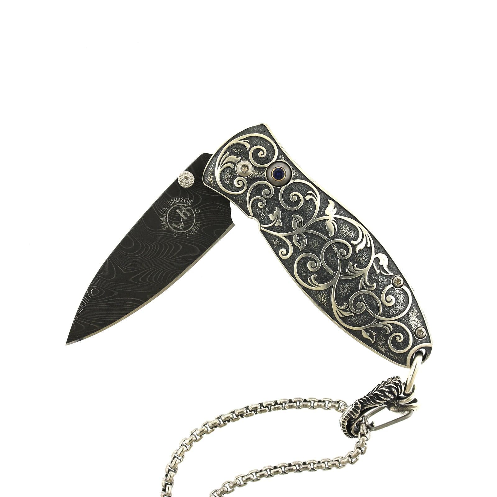 Damascus Steel Sterling Silver Vine Design Sapphire Knife, Steel, Long's Jewelers