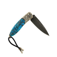 Damascus Steel Turquoise and White Topaz Knife