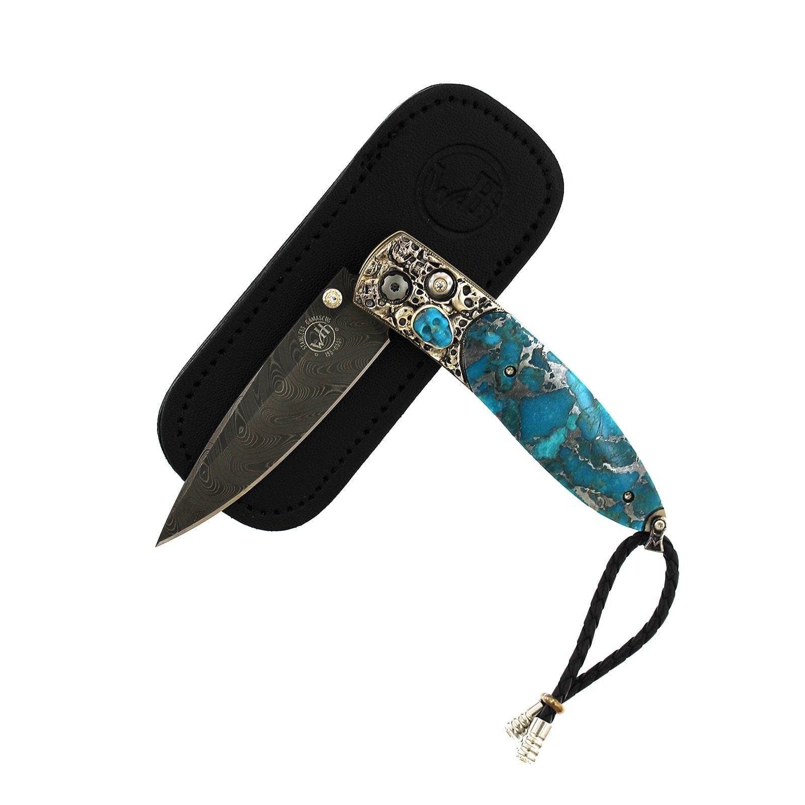 Damascus Steel Turquoise and White Topaz Knife, Steel, Long's Jewelers