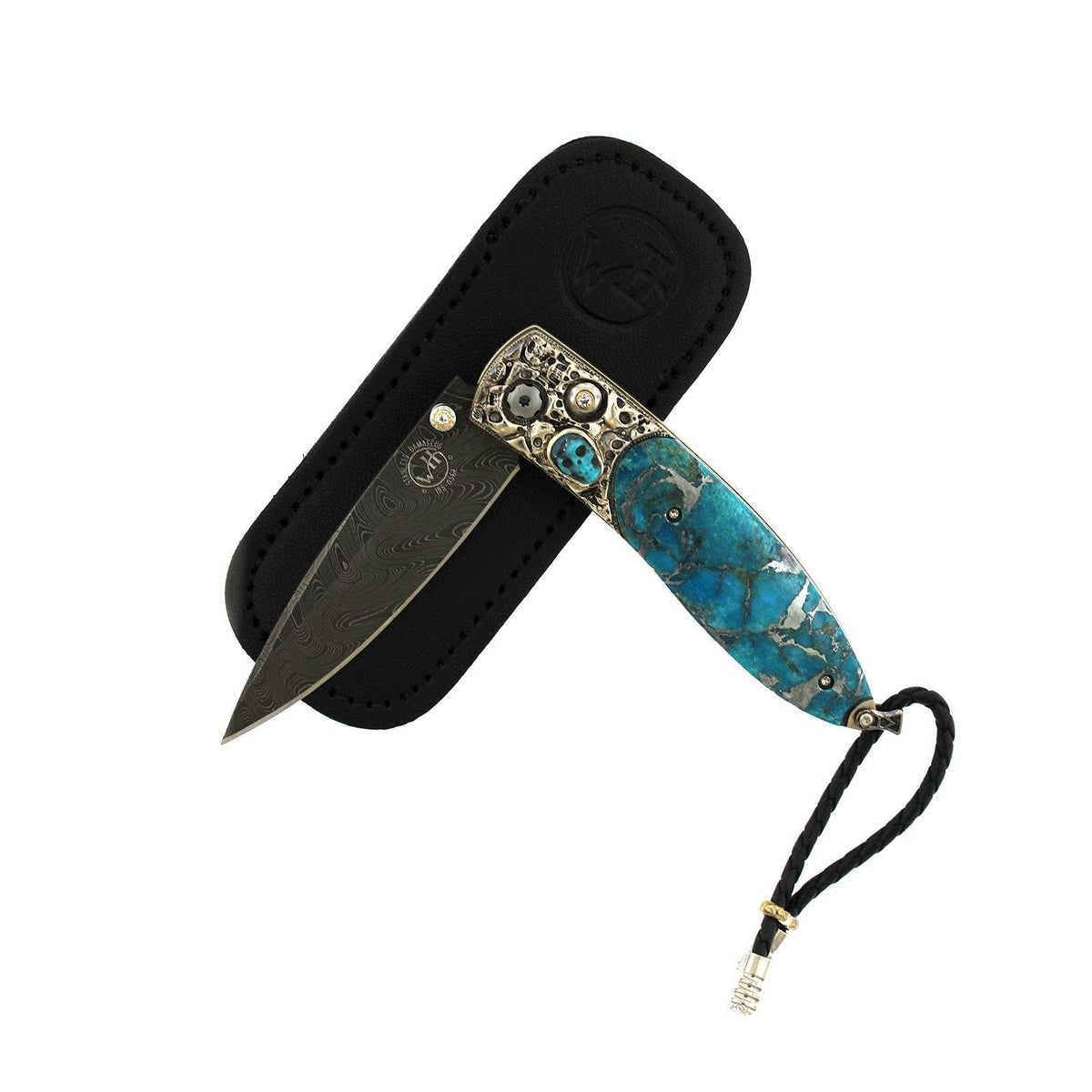 Damascus Steel Turquoise and White Topaz Knife, Steel, Long's Jewelers